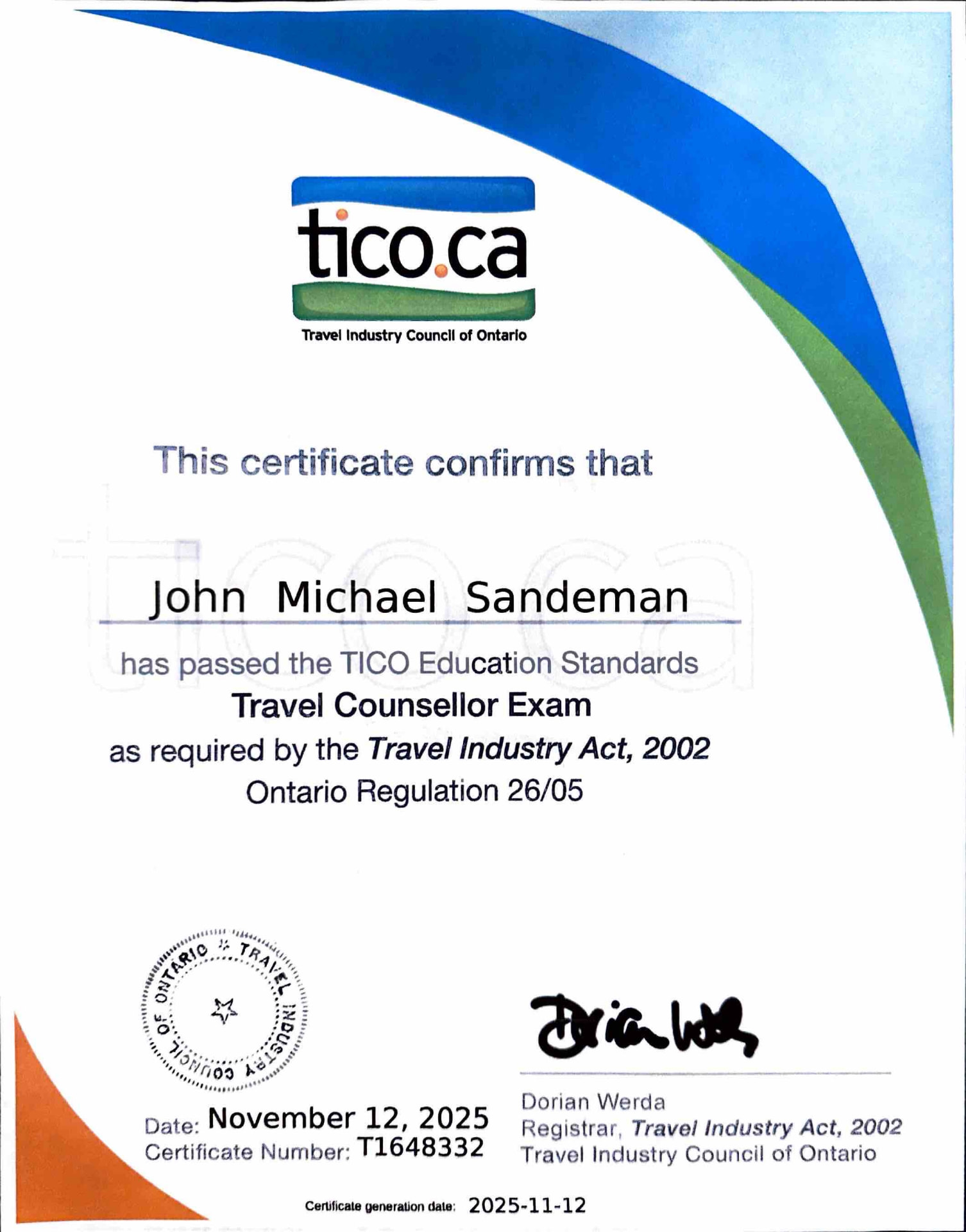 TICO certificate of John Michael Sandeman, Travel Counsellor Exam, November 2025