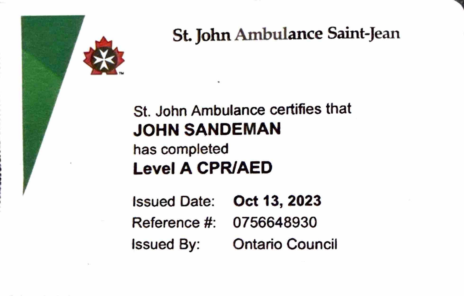 St. John Ambulance Level A CPR/AED certification card for John Sandeman