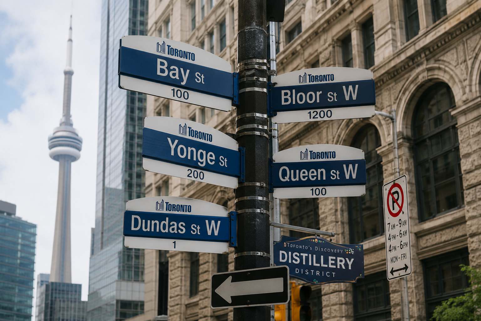 Toronto street signs for Bay, Bloor, Yonge, Queen and Dundas with the CN Tower in the background