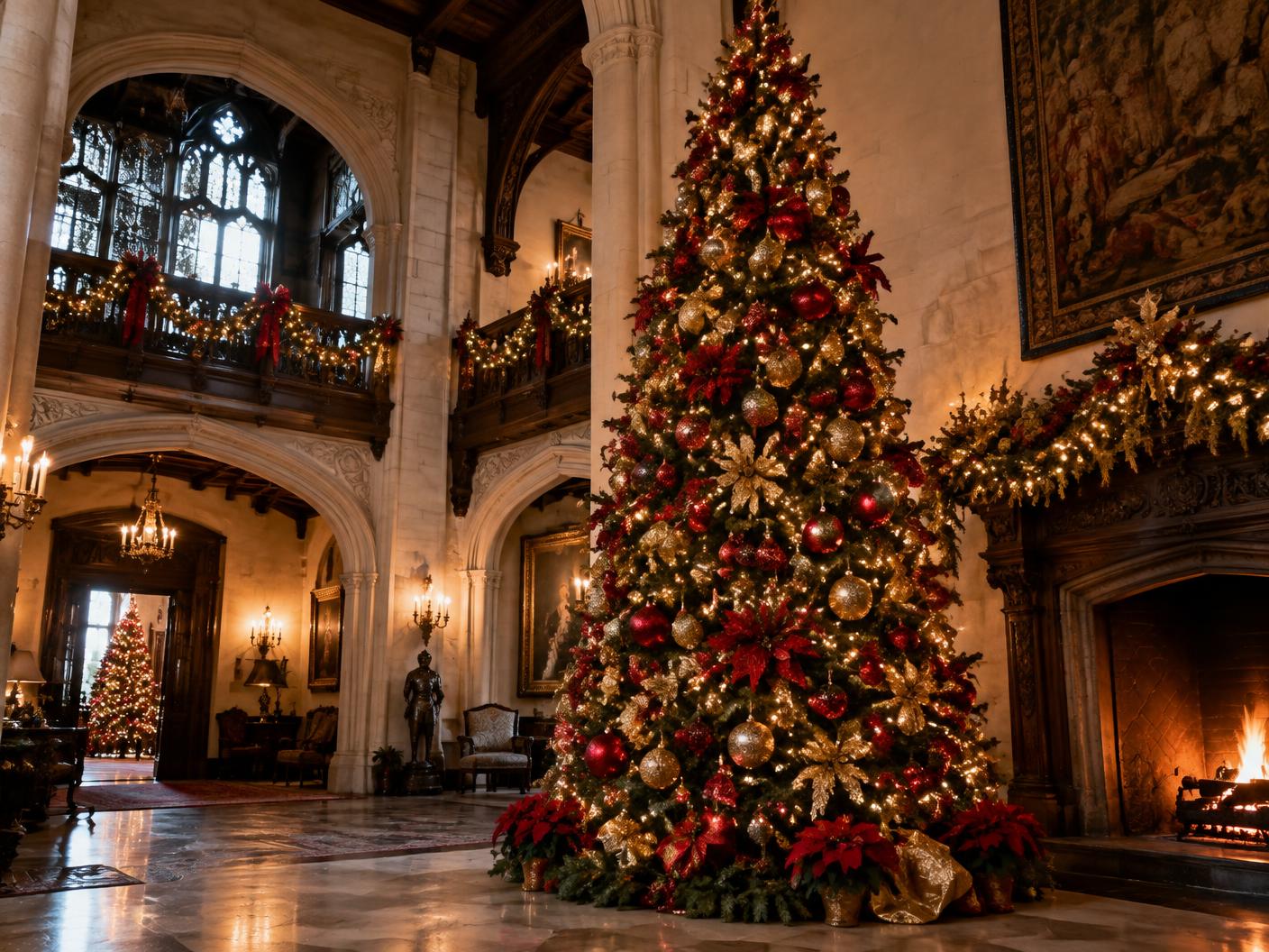A grand Christmas tree glowing inside a historic Casa Loma hall