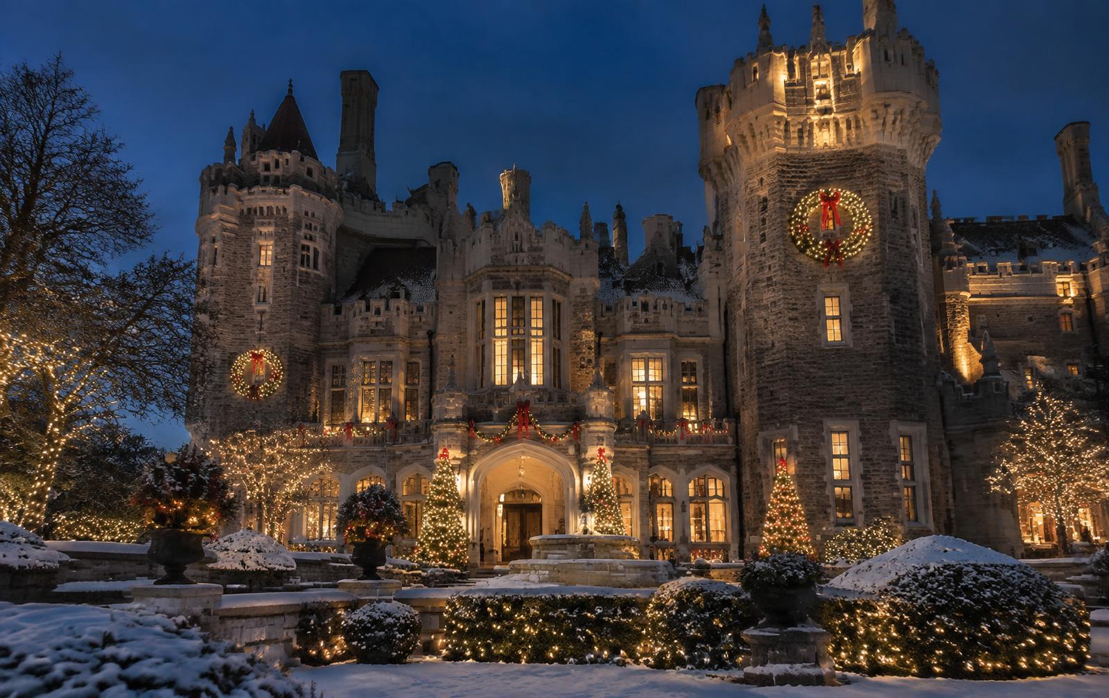 Casa Loma glowing with Christmas lights after dark