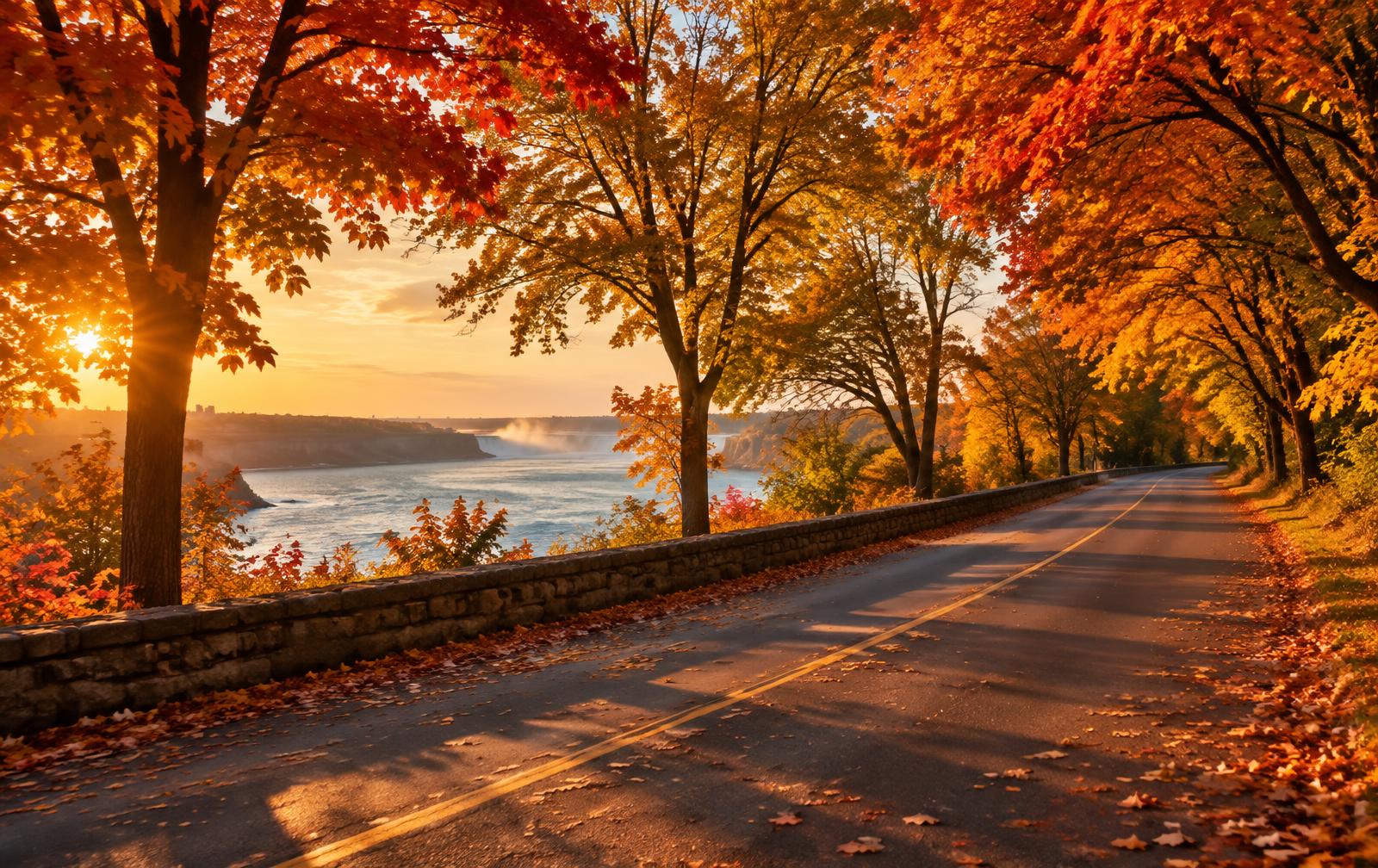 The Niagara Parkway in peak autumn colour, a canopy of red and gold maples over the road
