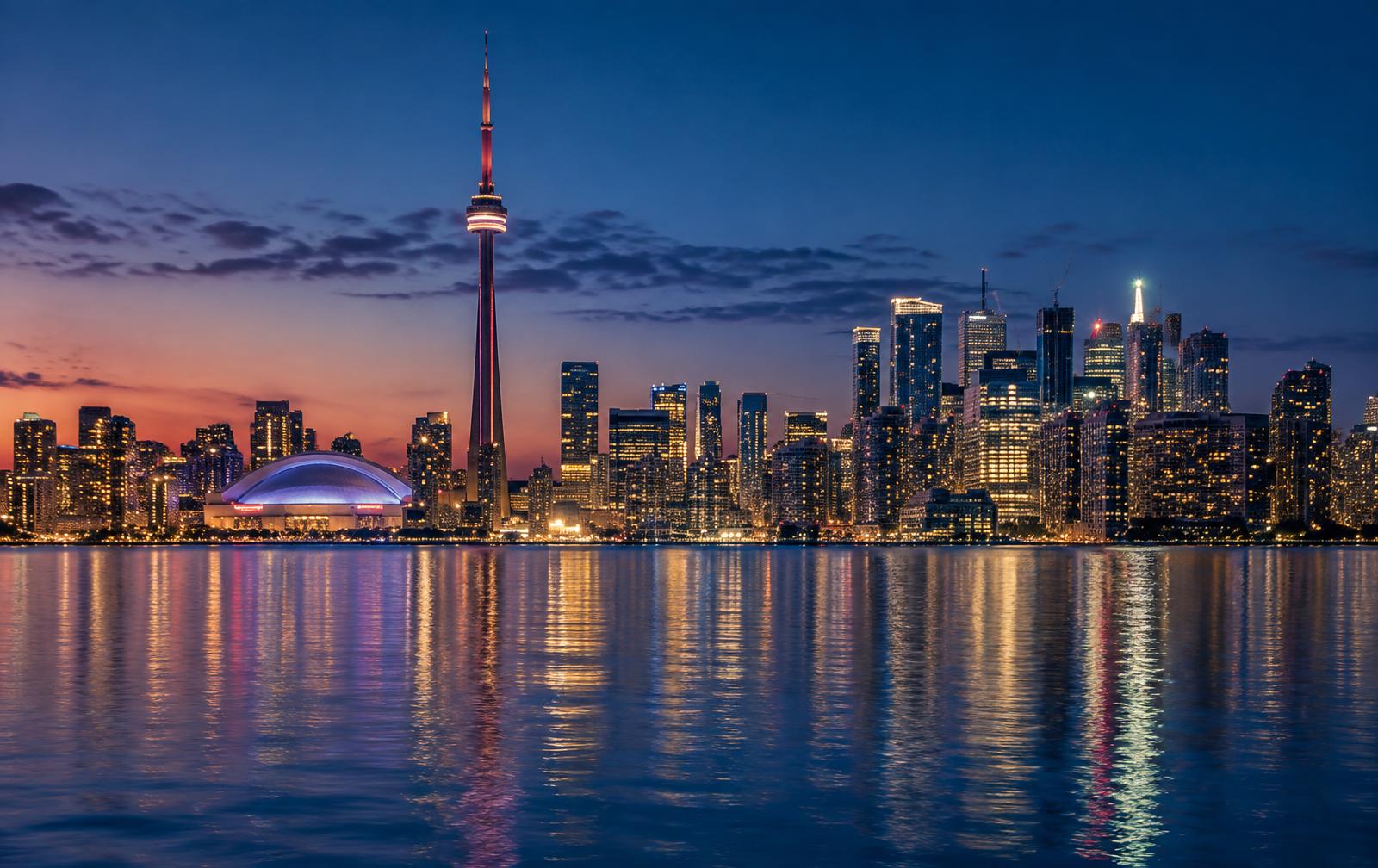 Artist rendition of Toronto's illuminated waterfront and CN Tower at dusk