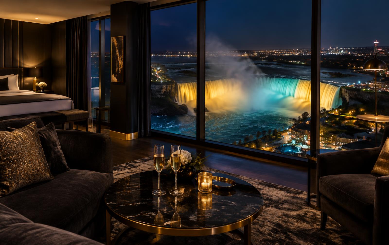 A luxury falls-view suite at night with the illuminated Horseshoe Falls beyond the windows
