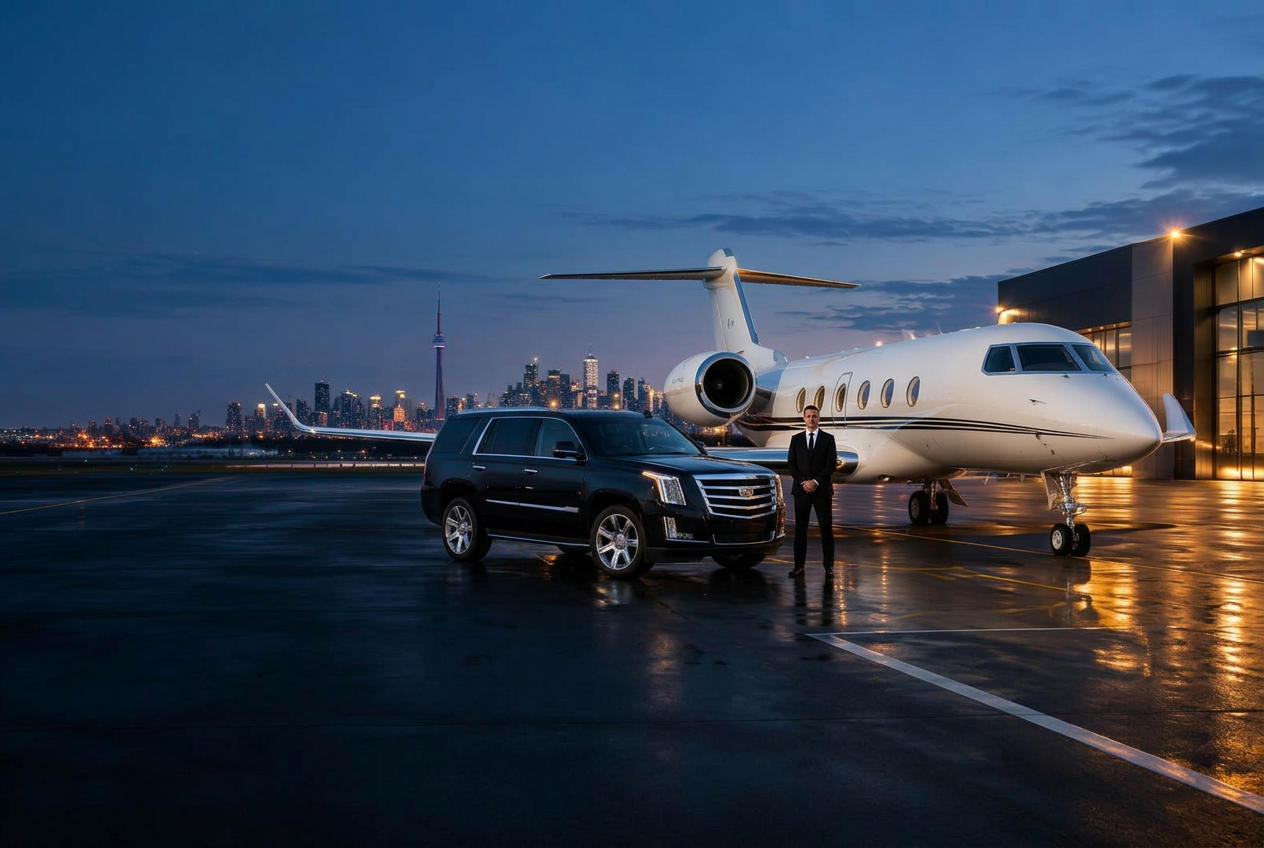 Artist rendition of a private jet, black Cadillac SUV and suited driver near Toronto at dusk